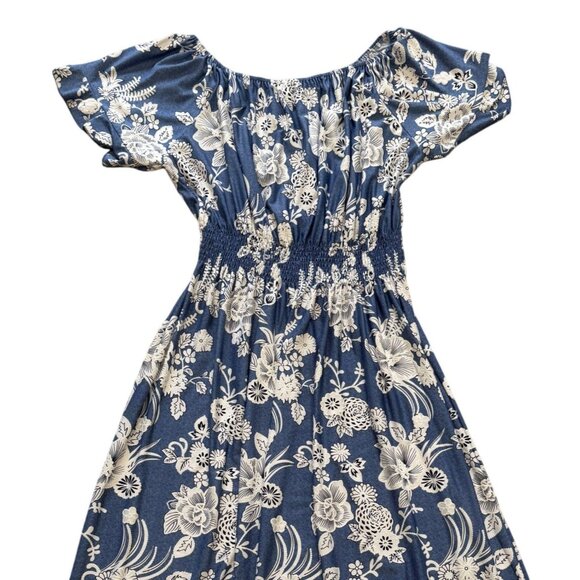 Kindred Womens 3X Blue Floral Smocked Maxi Dress Off/On-Shoulder Short-Sleeve - Picture 2 of 6
